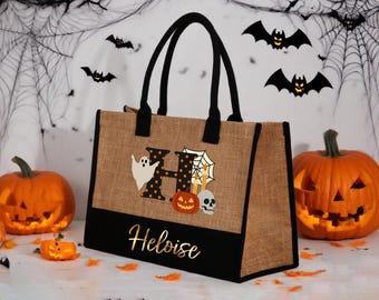 Gepersonaliseerde Halloween Trick Or Treat-tas, aangepaste Spooky Halloween-jutezak, herbruikbare Halloween-traktatietas, aangepaste kindernaam Halloween-tas