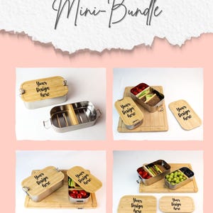 Puede incluir: Una colección de fiambreras de acero inoxidable con tapas de bambú, algunas abiertas para revelar alimentos. Las tapas y las tablas de cortar tienen el texto "Your Design Here". Las palabras "Mini-Bundle" están en la parte superior de la imagen.