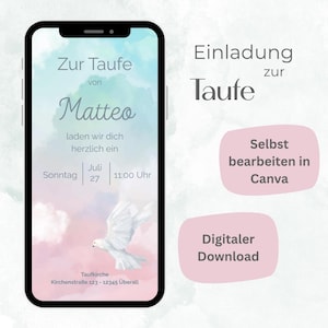 Digitale doopuitnodiging, e-card doopuitnodiging jongen en meisje, kaart aanpasbaar in Canva, uitnodigingskaart WhatsApp, doopkaart