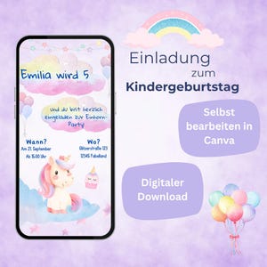 Digital invitation unicorn birthday girl • WhatsApp card unicorn • Personalize it yourself in Canva • Digital invitation card