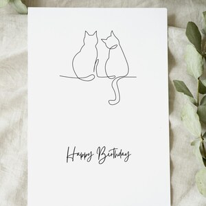 Minimalist birthday card with cat motif | Line art cat | Black and white A6 folding card with envelope