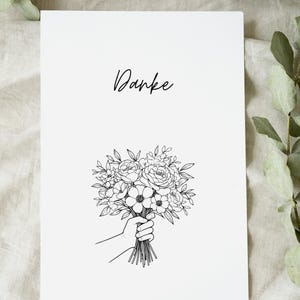 Carte de remerciement minimaliste – « merci » en lettrage à la main | Bouquet d'art en ligne | Carte pliante noir et blanc A6 avec enveloppe