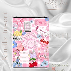 May include: A pink and white checked Kindle insert featuring a collage of book-themed stickers. Designs include a pink bow, flowers, a coffee cup, cherries, and text such as "My Weekend is Booked" and "Book Lover". The words "Digital Download Only" are also visible.