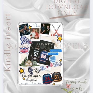 Pode incluir: Insert Kindle para download digital com uma colagem de imagens, camisas de hóquei e texto. O design inclui fotos, tacos de hóquei e as palavras "I love you" e "You and Me". O texto "Digital Download Only" também está presente.