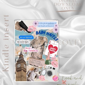 Può includere: Inserto per Kindle con un design a collage con una statua, il Big Ben, carte da gioco e il testo "BABY HAITES". L'inserto ha un'etichetta "solo download digitale" ed è ambientato su uno sfondo di raso bianco.