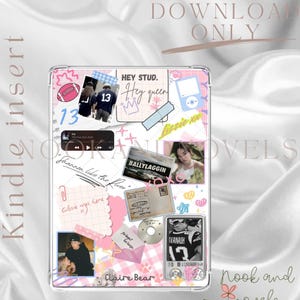 Könnte beinhalten: Transparenter Kindle-Einsatz mit einem Collage-Design mit Fotos, Text und Illustrationen. Das Design enthält den Text "DIGITAL DOWNLOAD ONLY", "HEY STUD", "Hey queen", "BALLYLAGGIN" und "Claire Bear". Der Einsatz hat ein rosa-weißes Farbschema.