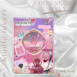 Puede incluir: Una funda transparente para Kindle con un diseño rosa y morado. La funda presenta un castillo, dragones y texto que dice "BASGIATH WAR COLLEGE", "VIOLENCE" y "ENEMIES LOVERS". También son visibles las palabras "DIGITAL DOWNLOAD ONLY".