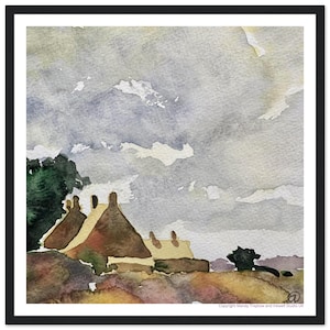 Rustic Homestead Farm Landscape Watercolor Print - Vintage-Style Classic Matte Paper Wooden Framed Poster