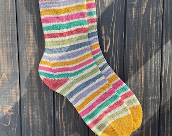 Hand Knit Cotton Socks, Striped Women’s Socks, Colorful Knit Socks, Soft Crew Socks, Handmade Gift for Her