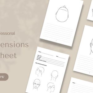 Puede incluir: Una colección de hojas de trabajo blancas con dibujos lineales de cabezas y diagramas de cabello. Las hojas de trabajo son para extensiones de cabello e incluyen el texto "Simple & Professional Hair Extensions Worksheet" y un botón "SHOP NOW".