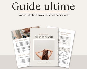 May include: A collection of informational guides on hair extensions. The main guide, titled "Guide ultime," is accompanied by other brochures. The guides feature text and images, including a woman with long brown hair. The brand name "GESS HAIR & CO" is visible.