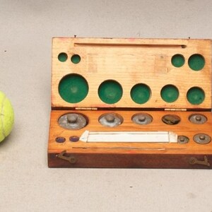 Antique Scale Weight Set | 1900s Vintage Measuring Weights | Wooden Box | Collectible Kitchen Decor | Good Condition