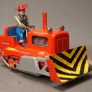 Vintage Japanse Usagiya-bulldozer blikken speelgoed | Op batterijen werkende zuigeractie uit de jaren 70 | Originele doos | Zeer goede werkende staat | Verzamelobject