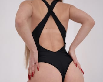 Exotic dancewear black thong bodysuit,High Cut Black Thong Romper Monokini One Piece Outfit,Spandex bodysuit,Bodysuit lingerie