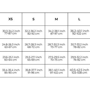 May include: A size chart with measurements in inches and centimeters for XS to XL sizes. Measurements include girth bust, under bust, waist, and hips. The chart is in a simple black and white design.