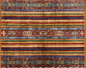 5x7 ft Hand Knotted Striped Khorjin Afghan Wool Rug - Natural Vegetable Dye