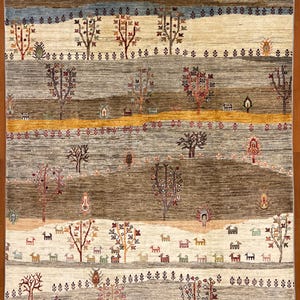 Hand Knotted Tree of Life Afghan Rug: 4&#39;8x6&#39;7 Beige Wool, Natural Dye