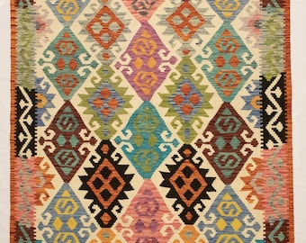 5x7 ft Multi Colour Hand Knotted Afghan Maimana Wool Kilim - Natural Vegetable Dye