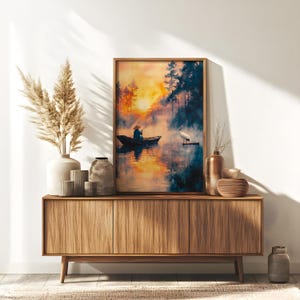 Acuarela de una serena escena de pesca / Impresión artística de un lago al amanecer con una grulla / Decoración de pared tradicional asiática
