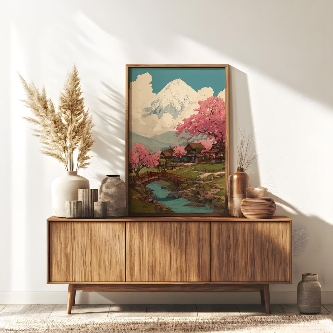 Mount Fuji Cherry Blossom Art | Japanese Village Wall Print | Zen ...