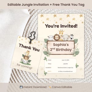 Jungle Safari-uitnodiging + GRATIS bedankkaartje: bewerkbaar in canva, afdrukbare feestuitnodiging voor elk evenement, direct downloaden, echte printdemo