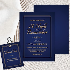 Midnight Blue Gold Invitation Template – Elegant Canva Party Invite with Free Thank You Tag – Formal Printable Download