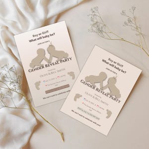 Neutral Gender Reveal Invitation: Beige Baby Silhouettes, Editable Canva Template (Digital Download, Freebies Included)