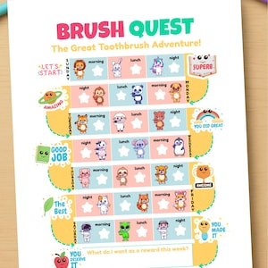 Tabela de escovação Brush Quest para crianças – Jogo de rotina de escovação para impressão – Rastreador de manhã, almoço e noite + Tabela de recompensas – A4 e carta