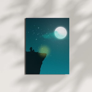 Moon Cliff Silhouette – Celestial Wall Art, digitale download, vierkant + afdrukbare png, sterrenhemel, maanesthetiek