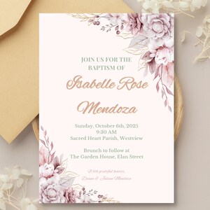 Modello di invito per battesimo floreale per ragazze - Invito per battesimo con acquerello rosa - Stampabile su Canva modificabile - Download immediato