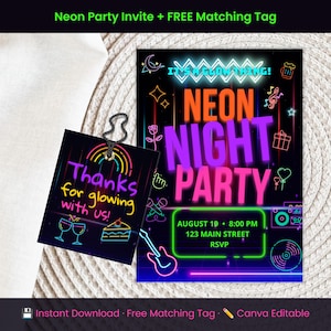 Uitnodiging neonfeestje + GRATIS bedankkaartje — bewerkbaar in canva — afdrukbare feestuitnodiging voor elk evenement — direct downloaden — echte printdemo