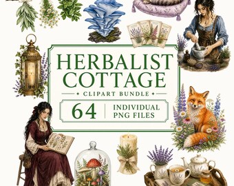 Förtrollad örtläkare stuga akvarell clipart-paket, 64 botaniska PNG-bilder, digital nedladdning av Cottagecore