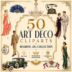 Può includere: Una collezione digitale di 50 clipart Art Déco con illustrazioni di persone in abbigliamento formale, un lampadario di cristallo, un telefono vintage, un flacone di profumo, un'auto verde classica, un ventaglio di piume e una maschera decorativa.
