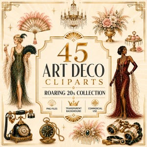 Può includere: Una collezione digitale di 45 clipart Art Déco con illustrazioni di due figure in abiti di perline, un lampadario di cristallo, un ventaglio di piume, una composizione floreale, un telefono vintage, un orologio da taschino, un pettine e binocoli.