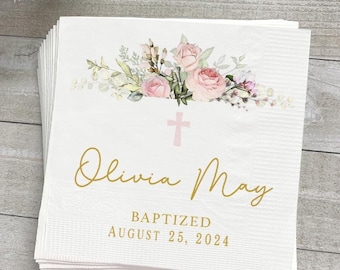 Flower Baptism Monogram Cocktail Beverage Napkins, Personalized Premium Baptism Napkins, Cross Disposable Paper Luncheon Napkins