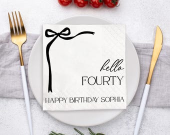 Hello Forty Birthday Napkins, 40th Bow Napkins, Any Age, Coquette Theme, Vintage 1985 Elegant Cocktail Napkins, Luncheon or Dinner Napkins
