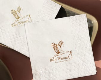 Personalized Stork Baby Shower Napkins, Goose Coquette Napkins, Beverage Luncheon Dinner Guest Towel, Gender Neutral, Custom Baby Shower