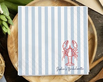 Personalized Lobster Napkins, Striped Cocktail Napkins, She's a Catch Bach Party Decor, Seafood Themed, Coastal Bridal Shower, Birthday