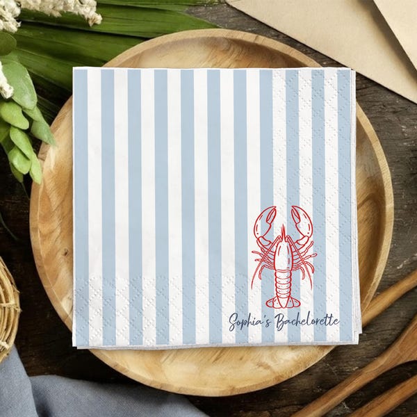 Personalized Lobster Napkins, Striped Cocktail Napkins, She's a Catch Bach Party Decor, Seafood Themed, Coastal Bridal Shower, Birthday