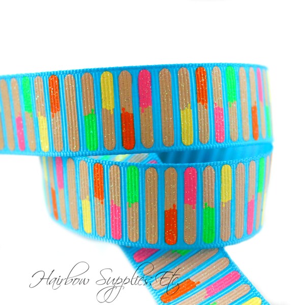 Popsicle Sticks 7/8 inch Printed Grosgrain Ribbon - Grosgrain Bows, Hair Bows for Girls, Hair Bow Clips, Boutique Bows, Summer Ribbon