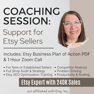 Op de afbeelding: Promotionele afbeelding voor Etsy-verkopers met een lachende vrouw met een bril. Tekst omvat "Coaching Session: Support for Etsy Sellers" en opsommingstekens met details over diensten zoals shop audits en SEO-training.