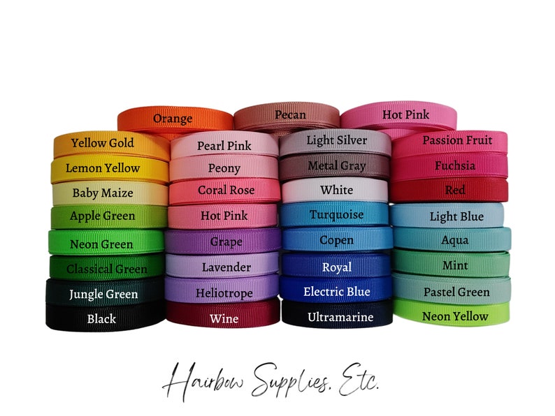 May include: A collection of 36 spools of ribbon in various colors, including yellow gold, lemon yellow, baby maize, apple green, neon green, classical green, jungle green, black, orange, pearl pink, peony, coral rose, hot pink, grape, lavender, heliotrope, wine, pecan, light silver, metal gray, white, turquoise, copen, royal, electric blue, ultramarine, hot pink, passion fruit, fuchsia, red, light blue, aqua, mint, pastel green, and neon yellow. The spools are arranged in three rows of 12 spools each. The text "Hairbow Supplies. Etc." is printed below the spools.