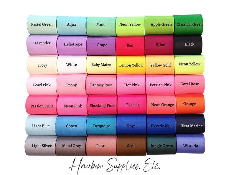 May include: A chart of 36 different colored ribbon spools, each with a label identifying the color. The colors include pastel green, aqua, mint, neon yellow, apple green, classical green, lavender, heliotrope, grape, red, wine, black, ivory, white, baby maize, lemon yellow, yellow gold, neon yellow, pearl pink, peony, fantasy rose, hot pink, persian pink, coral rose, passion fruit, neon pink, shocking pink, fuchsia, neon orange, orange, light blue, copen, turquoise, royal, electric blue, ultra marine, light silver, metal gray, pecan, sepia, jungle green, and wisteria.