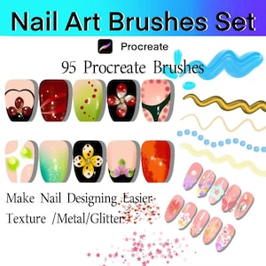 Op de afbeelding: Een set nail art penselen voor Procreate, met 95 penselen. De afbeelding toont diverse nagelontwerpen met bloemen en abstracte patronen, met de tekst "Make Nail Designing Easier" en "Texture / Metal / Glitter".