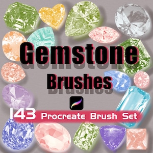 May include: A collection of colorful gemstone illustrations in various shapes, including emerald, heart, and pear-cut designs. The image features the text "Gemstone Brushes" and "143 Procreate Brush Set".