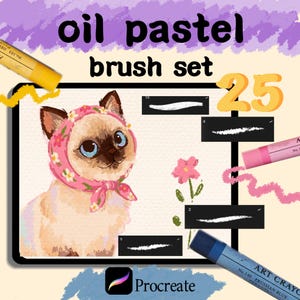 Op de afbeelding: Digitale kunstpenseelset voor Procreate, met 25 oliepastelpenselen. De afbeelding toont een cartoonkat met een roze bloemen sjaal, voorbeelden van penseelstreken en kunstbenodigdheden zoals krijtjes.