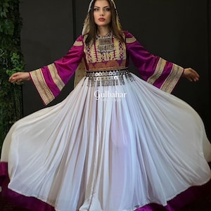 Afghan Traditional Dress | White Handmade Kuchi Dress with Coins | Eid, Wedding, Cultural Outfit for Women