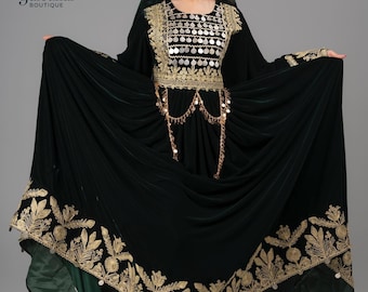 Afghan Velvet Traditional Dress | Handmade Black Kaftan with Dori Embroidery, Coins, Vintage Chest | Eid, Wedding, Party Wear