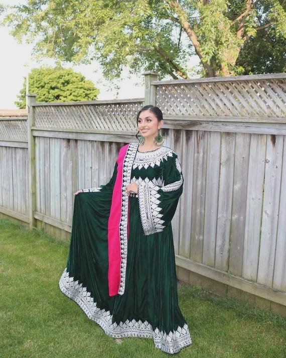 Green Velvet Afghan Anarkali Dress: Charma Embroidery & Vintage Coins -  Etsy Israel