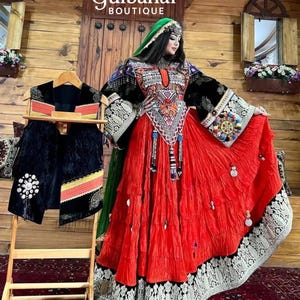 Embroidered Afghan Dress & Velvet Waistcoat Set: Kuchi Tribal Outfit